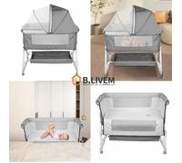 B.LIVEM Lit Cododo Bébé avec Table à Langer, 6 Hauteurs Réglables, Inclinable, 0-3 ans, H 98-110cm, avec Matelas, Gris
