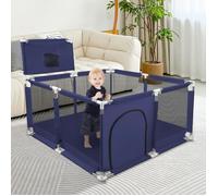 B.LIVEM Parc Bébé pour Salon et Chambre d'enfant, 126 x 126 × 66 cm, avec Panier de Basket et 50 Ballons, Bleu Marine