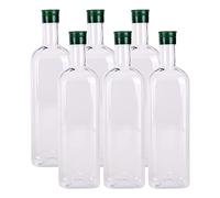 B SEPOR Lot de 6 bouteilles vides en plastique Quadra PET transparent de 1 litre d'huile d'olive avec bouchons (1000 ml) - Bouteilles de vin carrées à long col pour arrosage des plantes