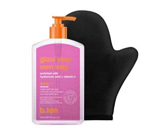 b.tan Meilleur Gel Autobronzant Transparent avec Kit de Gant | Pack Glow Your Own Way - Gel Autobronzant Express pour Visage et Corps avec Applicateur, Résistant au Transfert, 473 ml