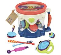 B. toys Drumroll, Please!, Batterie Portable avec Instruments Jouets | Comprend 7 instruments au total : tambour, courroie, 2 baguettes, tambourin, hochet, flûte à coulisse, castagnettes