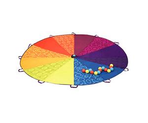 B. toys - Woo-Hue Parachute, Parachute de Jeu Arc-en-Ciel | Comprend 16 pièces au total : 1 parachute, 15 balles colorées, 12 poignées tissées, guide de jeux, 3 ans et +