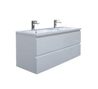 B-Way 119x50x45 cm meuble de salle de bain suspendu 2 tiroirs avec double vasque en marbre coulé, blanc brillant (BWAY2120WU)