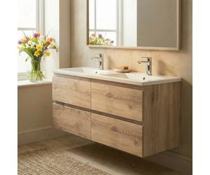 B-Way 119x50x45 cm meuble suspendu + double vasque semi-encastrée en marbre coulé 120x46x27 cm, chêne mat (BWAY2120OAKU)