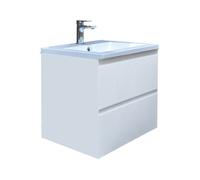 B-Way 59x50x45 cm meuble de salle de bain suspendu 2 tiroirs avec lavabo en marbre coulé, blanc brillant (BWAY260WU)