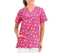 B-well Bambina Tunique à enfiler, avec manches courtes, col en V et motifs, peut être utilisée dans le domaine médicale, pour femme, Dents heureuses, XS