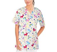 B-well Bambina Tunique à enfiler, avec manches courtes, col en V et motifs, peut être utilisée dans le domaine médicale, pour femme, Licornes, XS