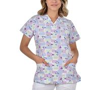 B-well Bambina Tunique à enfiler, avec manches courtes, col en V et motifs, peut être utilisée dans le domaine médicale, pour femme, Rubans violets, XS