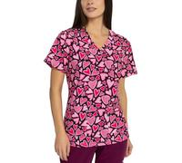 B-well Isabella Blouses Sanitaires Femme avec Élasthanne et Design, Manches Courtes Col V pour Infirmières, Dentistes, Médecins, Étudiants et Vétérinaires, Cœurs roses, XXL