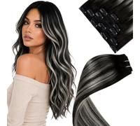 B0H2GXT1QV | Courte Extension a Clip Cheveux Humain Noir a Silver Ombre Lisse Doux et Soyeux #1b/s1b