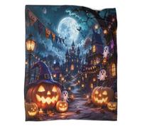 B1M7H4E9S Plaid Microfibre Motif château Halloween Toucher Polaire Doux | 60x80inch douceur microfibre chaleur légère canapé lit déco automne cadeau style maison Halloween