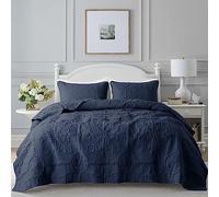 B2EVER Parure de lit 3 pièces avec Courtepointe damassée Bleu Marine avec 2 taies d'oreiller, Couvre-lit bohème léger et Doux, Motif Jacquard rétro pour Toutes Les Saisons