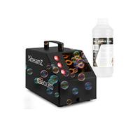 BeamZ B300LED Pack Machine à Bulles Enfant/Mariage/Soirée avec 1L de Liquide - LEDs RGB, Double Roue, Poignée, Télécommande, Réservoir 700mL, Idéale pour les Fêtes en Extérieur