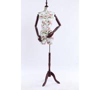 B4-0 Mannequin de couture féminin, torse recouvert de tissu avec couvercle en bois, bras et doigts également en bois. Réglable à volonté, stand en bois foncé
