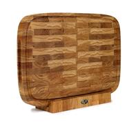 B4K® Planche à découper ovale avec support en bois de chêne 50 × 35 × 4 cm - Bloc de hachage massif | Planche en bois de cerveau antibactérien avec poignées, rainure à jus et pieds en silicone |