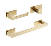 BA156SET-3BG2 Lot de 3 accessoires de salle de bain auto-adhésifs avec barre porte-serviette, porte-papier toilette et crochet pour peignoir, doré brossé Beelee
