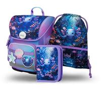 Baagl Cartabl garçon 3 pièces, ergonomique 1ère classe, sac d'école avec sangle de poitrine, Axolotl