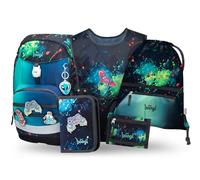 Baagl Cartable garçon 5 pièces (Airy Plus cartable pour 1ère classe, trousse, sac de gym, tablier, sac de poitrine), cartable primaire, sac à dos d'école ergonomique, 25 l, Chill, L, Ultra léger