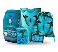 Baagl Cartable garçon 5 pièces (Airy Plus cartable pour 1ère classe, trousse, sac de gym, tablier, sac de poitrine), cartable primaire, sac à dos d'école ergonomique, 25 l, Motifs papillons, L, Ultra