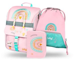 Baagl Cartable garçon fille ensemble 3 pièces - Sac d'école Zippy pour 1ère artable primaire avec sangle de poitrine - Sac à dos d'école ergonomique, Arc-en-ciel rose, Ensemble cartable