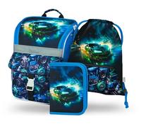 Baagl Cartable garçon fille ensemble 3 pièces - Sac d'école Zippy pour 1ère artable primaire avec sangle de poitrine - Sac à dos d'école ergonomique, Voiture de course, ca. 500 cubic inches