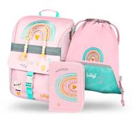 Baagl Cartable garçon fille ensemble 3 pièces - Sac d'école Zippy pour 1ère artable primaire avec sangle de poitrine - Sac à dos d'école ergonomique, Arc-en-ciel rose, Ensemble cartable