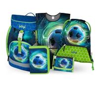 Baagl Cartable garçon fille ensemble 5 pièces (sac d'école Airy pour 1ère classe, trousse, sac de gym, tablier, sac de poitrine), cartable primaire, sac à dos d'école ergonomique, 16,5 l, Football III