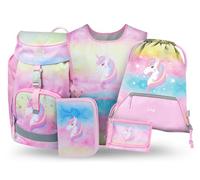 Baagl Cartable garçon fille ensemble 5 pièces (sac d'école Airy pour 1ère classe, trousse, sac de gym, tablier, sac de poitrine), cartable primaire, sac à dos d'école ergonomique, 16,5 l, Rainbow