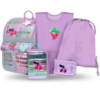 Baagl Cartable garçon fille ensemble 5 pièces (sac d'école Zippy pour 1ère classe, trousse, sac de gym, tablier, sac de poitrine), cartable primaire, sac à dos d'école ergonomique, 18 l, Lavande, De