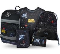 Baagl Cartable garçon fille ensemble 5 pièces (sac d'école Zippy pour 1ère classe, trousse, sac de gym, tablier, sac de poitrine), cartable primaire, sac à dos d'école ergonomique, 21 l, Pixel Space