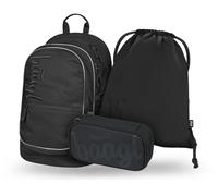 Baagl Ensemble de 3 sacs à dos d'écolier, cartable pour école primaire avec sangle de poitrine, cartable ergonomique, Noir uni.