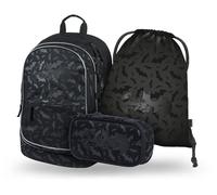 Baagl Ensemble de 3 sacs à dos d'écolier, cartable pour école primaire, école primaire avec sangle de poitrine, cartable ergonomique, Batman noir, Kindergerecht, Ensemble cartable