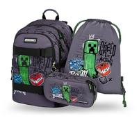 Baagl Ensemble de 3 sacs à dos d'écolier pour garçons et filles, cartable à partir de la 3e classe, cartable avec sangle de poitrine, cartable ergonomique, Minecraft