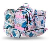 Baagl Ensemble de 5 sacs à dos d'écolier pour garçons et filles, skateboard, cartable à partir de la 3e artable primaire avec sangle de poitrine, cartable ergonomique, 25 l, Leafs