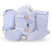 Baagl Ensemble de 5 sacs à dos d'écolier pour garçons et filles, skateboard, cartable à partir de la 3e artable primaire avec sangle de poitrine, cartable ergonomique, 25 l, lilas