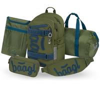 Baagl Ensemble de 5 sacs à dos d'écolier pour garçons et filles, skateboard, cartable à partir de la 3e classe, cartable primaire avec sangle de poitrine, cartable ergonomique, 25 l, olive