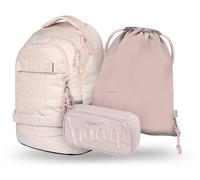 Baagl Ensemble de 5 sacs à dos d'écolier pour garçons, filles, adolescents (skateboard, sac à dos skate MAX, trousse, sac de gym, sac de sport, sac banane), cartable ergonomique, 30 l, Creamy.