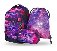 Baagl Ensemble de 5 sacs à dos d'écolier pour garçons, filles, adolescents (skateboard, sac à dos skate MAX, trousse, sac de gym, sac de sport, sac banane), cartable ergonomique, 30 l, Motif galaxie