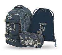 Baagl Lot de 3 sacs à dos d'écolier pour garçons, filles, adolescents, skateboard, skateboard, cartable à partir de la 3e classe, sac à dos d'école primaire avec sangle de poitrine, cartable