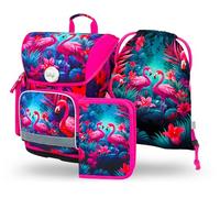 Baagl Cartable garçon 3 pièces, cartable Ergo pour 1ère classe, cartable ergonomique primaire, sac d'école primaire avec sangle de poitrine, Flamants roses., Ensemble cartable