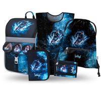 Baagl Lot de 5 cartables pour garçons et filles (sac d'école à fermeture éclair pour la 1ère année, trousse à crayons, sac de sport, tablier, pochette de cou), cartable d'école, sac à dos ergonomique