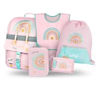 Baagl Lot de 5 cartables pour garçons et Filles (Sac d'école à Fermeture éclair pour la 1ère année, Trousse à Crayons, Sac de Sport, Tablier, Pochette de Cou), Cartable d'école, Sac à Dos Ergonomique
