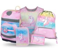 Baagl Cartable garçon fille ensemble 5 pièces (sac d'école Zippy pour 1ère classe, trousse, sac de gym, tablier, sac de poitrine), cartable primaire, sac à dos d'école ergonomique, 21 l, Licorne