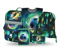 Baagl Lot de 5 cartables pour garçons et Filles (Sac d'école à Fermeture éclair pour la 1ère année, Trousse à Crayons, Sac de Sport, Tablier, Pochette de Cou), Cartable d'école, Sac à Dos Ergonomique