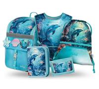 Baagl Lot de 5 cartables pour garçons et Filles (Sac d'école à Fermeture éclair pour la 1ère année, Trousse à Crayons, Sac de Sport, Tablier, Pochette de Cou), Cartable d'école, Sac à Dos Ergonomique