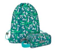 Baagl Minecraft Trousse et sac de gym 2 pièces pour garçons et filles - Trousse d'école, sac de gym, trousse à crayons, sac à chaussures, trousse pour adolescents et enfants, Silver Creeper, Trousse à