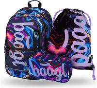 Baagl Ensemble de 3 sacs à dos d'écolier, cartable pour école primaire, école primaire, cartable avec sangle de poitrine, cartable ergonomique, Marbre, Ensemble cartable
