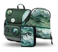 Baagl Schulranzen Jungen Set 3 Teilig, Ergo Schultasche für 1. Classe, Ergonomische Grundschule Ranzen Tornister mit Brustgurt, Dino, Ensemble Sac à Dos d'école