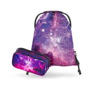 Baagl Trousse à crayons et sac de gym - 2 pièces - Pour garçons et filles - Trousse d'école avec 3 compartiments et sac de gym robuste - Pour enfants et adolescents, Motif galaxie, Ensemble de 2