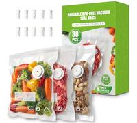 Babacom 30 Pcs Sac Sous Vide Alimentaire Réutilisable avec Valve d’Air & 10 Pinces - Grand (30 x 34 cm), Sachet Congelation Sans BPA, pour Conservation des Aliments, Micro-ondes, Cuisson Sous Vide